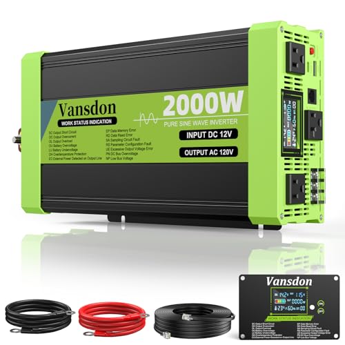Vansdon 2000W Pure Sine Wave Inverter 12V DC to 120V AC Inverters for RV,Truck, Solar, Home,...