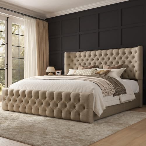 Image of AMERLIFE California King Upholstered Bed Wingback Headboard, Khaki Linen