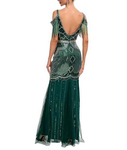 Image of Women Evening Maxi Long Dress 1920s Sequin Mermaid Hem Wedding Prom Gown Costume w / 20s Gatsby Accessories Set