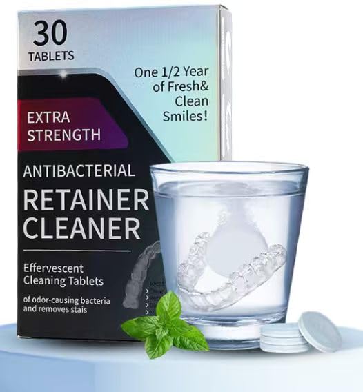 Timelux 30PCS Retainer Cleaning Tablets Denture Cleaning Tablets for Aligner Removes Odor Oral Work with Ultrasonic Retainer Cleaner for Aligner Mouth Night Guard Dental Appliances