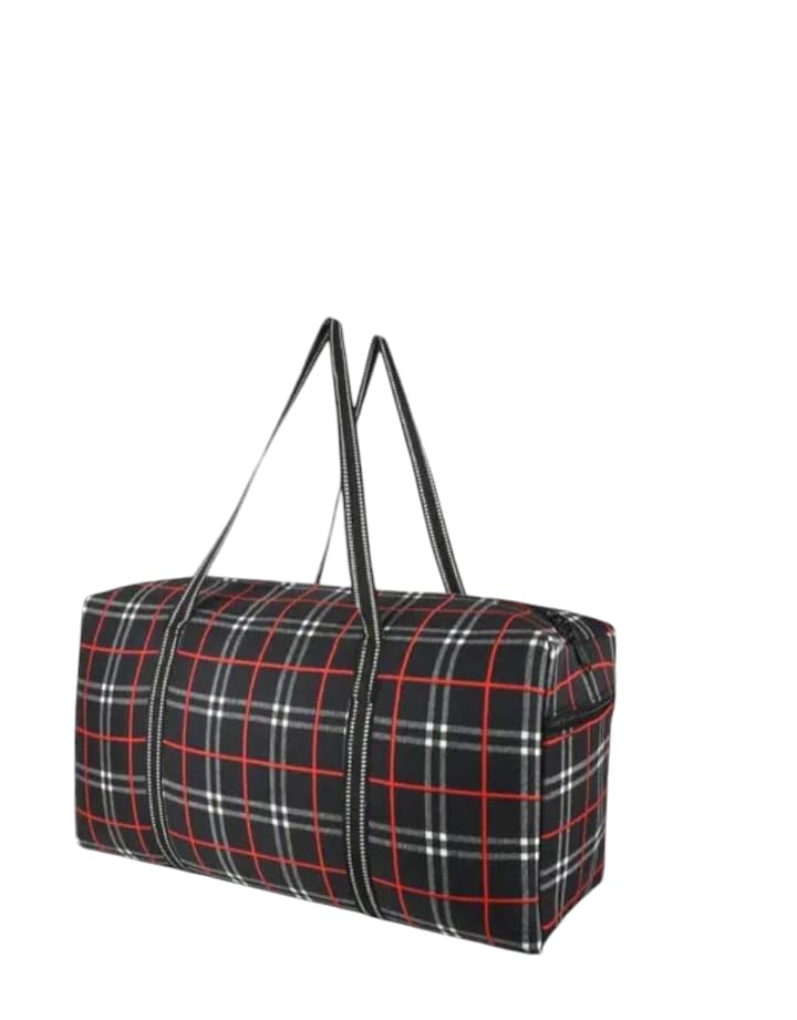 large plaid canvas duffel bag, waterproof travel tote with heavy duty straps, black and red