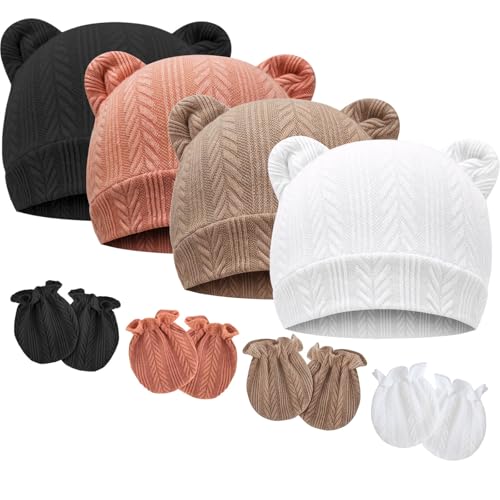 Image of BQUBO Newborn Baby Hats Bear Ears and Mittens Sets Preemie Caps Baby Boy Girl Infant Hospital Beanie for 0-3 Months