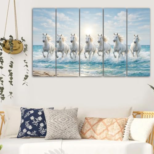 Image of Spacter White 7 Horses Wall Painting for Living Room Big Size - 7 Running Horses Painting Vastu for Bedroom, Office, Hotel - Wall Decor Digital Painting Wooden Framed for Gifting (30x60inch)