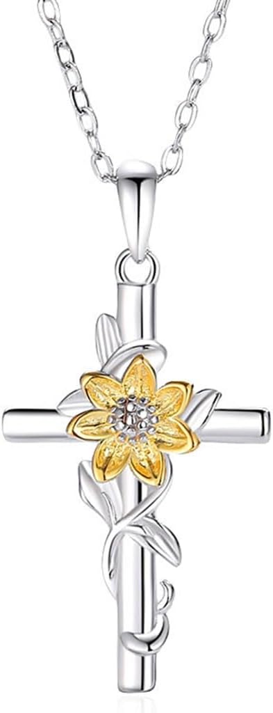 HUHAUSTCross Sunflower Necklace For Women, S925 Sterling Silver Daisy Flower Pendant Jewelry Moonstone Gifts Girls Mom Wife Gift For Mother's Day Or Birthday