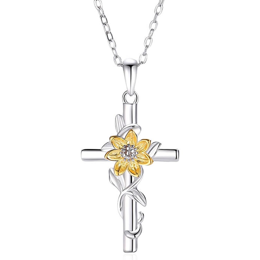HUHAUSTCross Sunflower Necklace For Women, S925 Sterling Silver Daisy Flower Pendant Jewelry Moonstone Gifts Girls Mom Wife Gift For Mother's Day Or Birthday