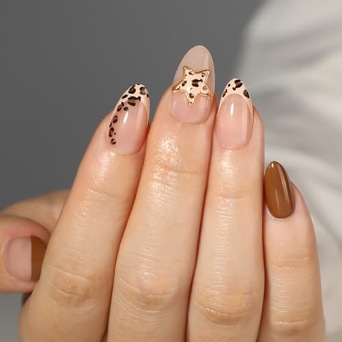 PILOLO Press On Nails Leopard Print Almond Acrylic Press On Nails Cheetah Print Fake Nails Glue On Medium Full Cover Reusable Stick On False Nail Tips for Women Girls (Wild Wes)
