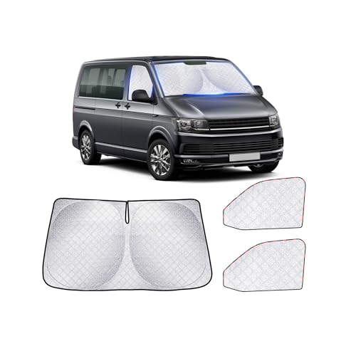 Sonnenschutz Auto Frontscheibe für VW T5 T6 (3er Set) Thermomatte Verdunkelung Fahrerhaus Seitenscheiben | Premium Aluminium-Vlies UV-Schutz & sichtschutz für Multivan Wohnmobil