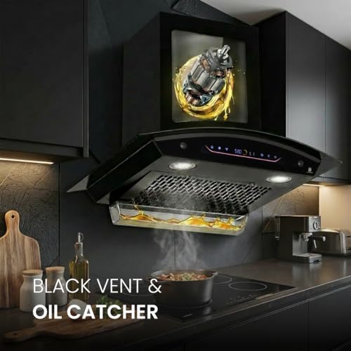 Image of Cadlec CurveFlow 60cm 1800m /hr BLDC Filterless Auto Clean Curved Glass Kitchen Chimney | Built-in Oil Collector | Touch & Gesture Control | Turbo Mode | 20Y Motor & 5Y Comprehensive Warranty | Black