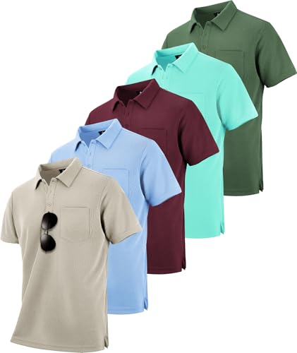 Image of SCODI 5 Pack Mens Pocket Polo Shirts Short Sleeve Golf Casual Work T-Shirt