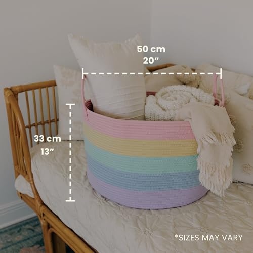 Image of OrganiHaus Rainbow Toy Basket & Blanket Storage Bin, Nursery 20x13 inch | Rainbow Pastel - Round Rainbow Cotton Rope Basket, Nursery 20x13 inch