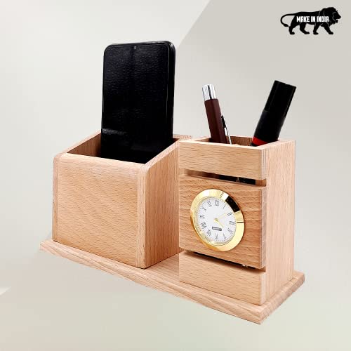 Image of WOOD HOUSE Pen Stand, Lightweight Office Use, Table Study, Wooden Stand with Holders (Pen Stand With Mobile Holder)