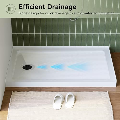 HOROW 48\"L x 32\"W Shower Base, Slip-Resistant Rectangle Single Threshold Shower Pan for Bathroom, White Acrylic Shower Base Pan with Stainless Steel Matte Black Drain, Left Drain Location