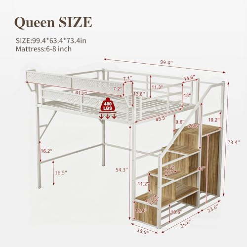 Image of Queen Size Metal Loft Bed with Reversible Stairs and LED & USB Port | Storage Shelf, Reversible Storage Stairs with Wardrobe, LED Lights,USB Charging Port,Noise-Free Design, Large Under Bed