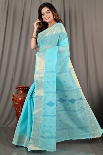 Image of eC ESHA'S COLLECTION Women's Kerala Cotton Floral Motif Printed Zari Bordered Tant Saree Without Blouse Piece