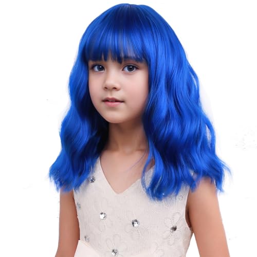 Image of Dark Blue Wig Royal Blue Wig with Bangs Short Wavy Curly Wigs Synthetic Cosplay Hair Wigs