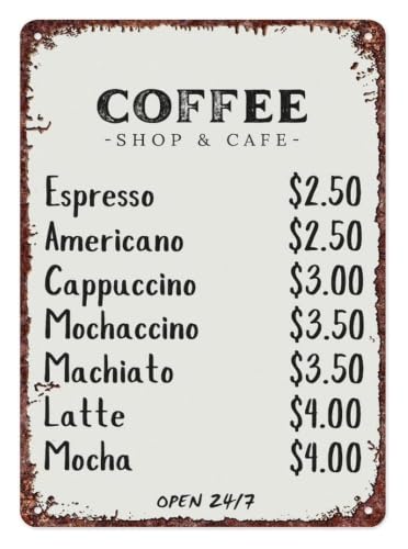 Coffee Shop Menu Retro Tin Wall-Art 12x8 Inch