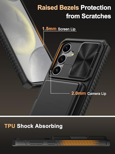 Image of Vihibii for Samsung Galaxy S24+ Back Cover with Card Holder (4 Cards) & Slide Camera Cover & Kickstand, Shockproof Rugged Hard Back & TPU Soft Edge Case for Galaxy S24 Plus, Black