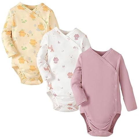 DEFAHN Baby Side Snap Bodysuit Kimono Onsies Newborn Boy Girl 3-Pack 100% Cotton Basic Pattern Kimono Bodysuits Cover