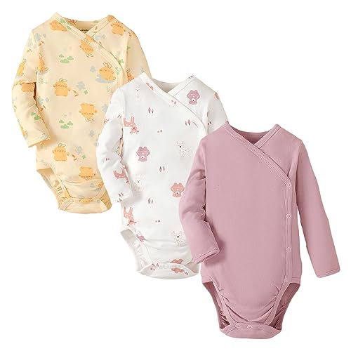 Image of DEFAHN Baby Side Snap Bodysuit Kimono Onsies Newborn Boy Girl 3-Pack 100% Cotton Basic Pattern Kimono Bodysuits