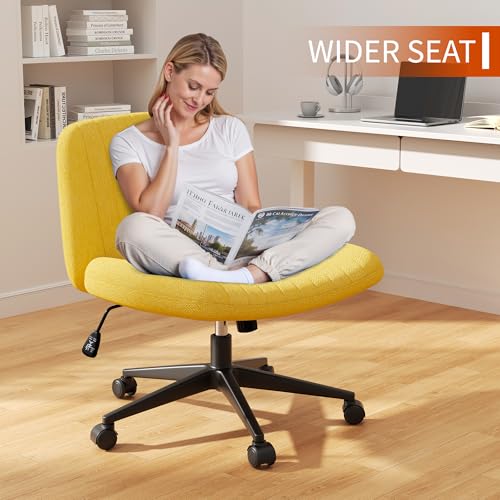 Image of Criss Cross Chair with Wheels, Cross Legged Office Chair, Armless Office Chairs Adjustable Height Swivel Tilting Fabric Vanity Chairs for Home Bedroom (Yellow)