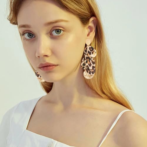 Unique Handmade Bohemian Round Leopard Acrylic Dangle Drop Earrings Statement Vintage 60s 70s Long Chain Resin Disk Stud Earrings for Women Boho Lightweight Summer Beach Jewelry4