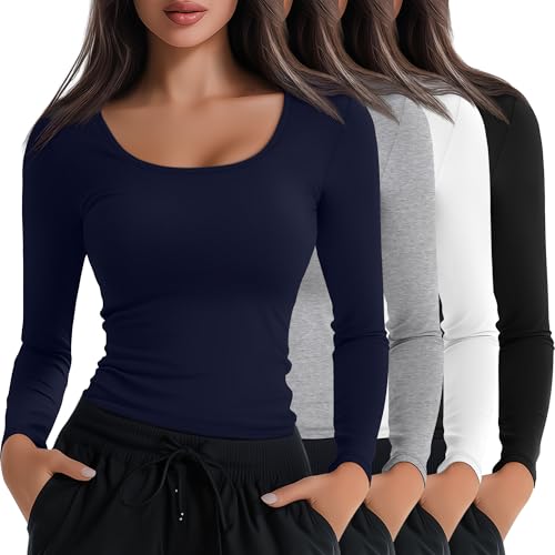 Xaatren 4 Pack Women's Underscrub T-Shirts, Long Sleeve Cotton Tees Slim Fit Scrub Tops Scoop Neck Basic Layer Shirts(Black, White, Light Gray, Navy Blue,Large)