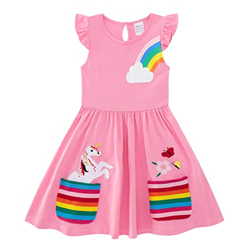 Image of SFreeBo Girls Dress 6-7 Years Grils Sleeveless Pink Dress Casual Rainbow Dresses for Kids Cotton Spring Summer Dress with Unicorn Flower Party Dresses for Girls