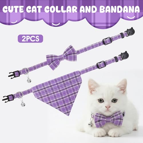Collares para gatos a cuadros evitan pérdidas gracias al cascabel y bandana morada 5
