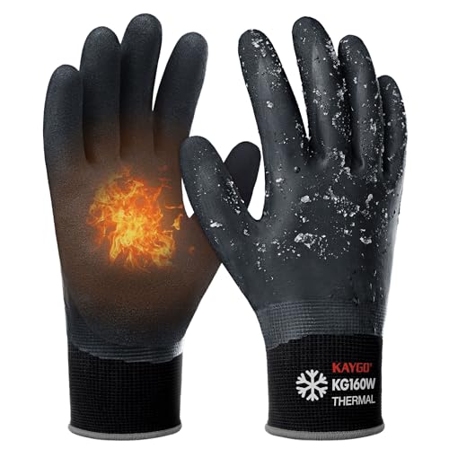 KAYGO Thermo Wasserdichte Arbeitshandschuhe Gefüttert Kältebeständig Doppel Latex Beschichtet Isolierte Arbeitshandschuhe für Kühlhaus Winter Arbeit Garten (Schwarz L Gr 9 1 Paar)