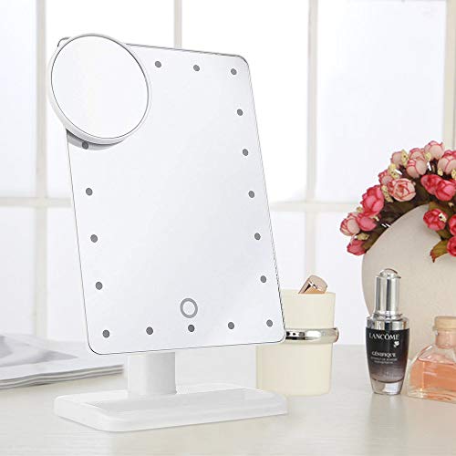 20 LED Makeup Mirror with Removable 10x Magnifying Mirror -Touch Screen Dimmable Vanity Mirror Illuminated Cosmetic Mirror with Bidirectional Rotation - Beauty Mirror (white)