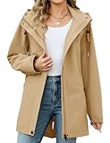 CMTOP Veste Femme mi Saison Softshell Imperméable, Coupe Vent Parka à Capuche Amovible, Décontracté Longue Blouson Légère Manteau avec Poches pour Printemps et Automne(kaki,XXL)
