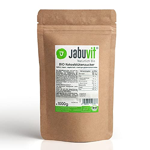 JabuVit- BIO Kokosblütenzucker, aus Blütennektar der Kokospalme, niedriger glykämischer Index, perfekter Diätbegleiter, Bio-Zertifiziert & umweltschonend verpackt, Made in Germany- 1000g Beutel Cover