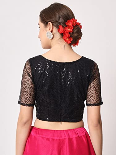 Image of studio rasa Women's Net Sequin Embroidered Sheer Sleeves Readymade Saree Blouse for Wedding Festive Party