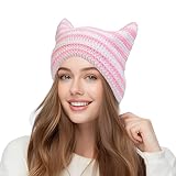 Vintage Crochet Hats for Women - Cat Ear Beanie with Fox Design - Grunge Style Slouchy Beanies for Y2K Accessories (#4 Pink/White)