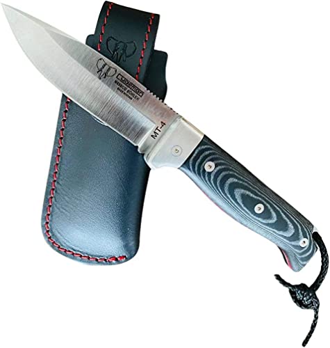 Cudeman Navaja 384-M MT-4 hoja de acero Böhler N-695 de 10 cm y empuñadura de micarta negra con separador rojo de 11,5 cm para caza, pesca, supervivencia y bushcraft + Portabotellas regalo