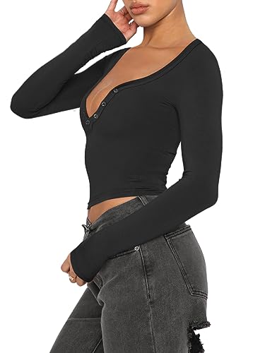 REORIA Women Sexy Long Sleeve Henley T Shirts V Neck Button up Casual Basic Y2K Slim Fitted Ribbed Knit Crop Tops3