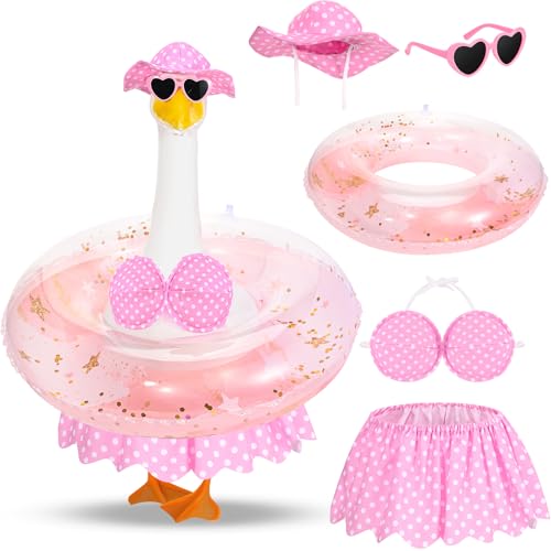 GANSHAYA Hawaiian Porch Goose Outfits Summer Bikini Goose Outfit Fits 23 Goose Statue with Hat Sunglasses & Swimming Ring for Cement Yard Decor (Pink)
