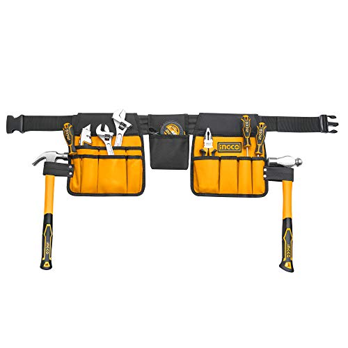 INGCO Sac à Outil, Étanche, 14 Poches, Porte Outils,Ceinture réglable,Ceinture porte-outils, Pour électriciens, charpentiers, constructeurs,HTBP02031
