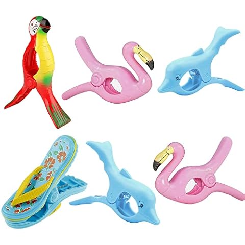 6 Pieces Beach Towel Clips for Beach Chairs, Flamingo Beach Towel Clip Parrot Towel Holder Beach Towel Pin Beach Chair Clips in Bright Color Jumbo Size for Home Patio Pool Chair or Fence Cover
