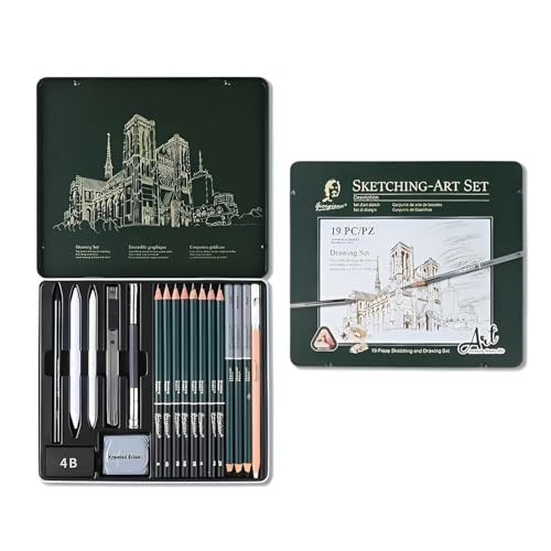 Image of PLUSPOINT 19 Piece Pencil Sketching & Drawing Art Set for Artists, Professional Graphite Pencil Kit with Blending Tools, Erasers, Sharpener & Metal Tin Box