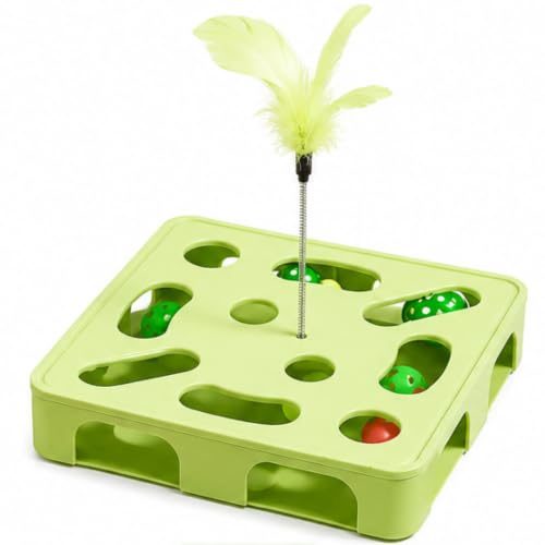 Image of PetVogue Interactive Cat Puzzle Toy with Feather Teaser, Plastic Pet Tower for Indoor Cats, Treat Dispensing & Slow Feeding Game, Anti-Boredom Exercise Toy for Cats, Dogs, and Small Pets (Green)