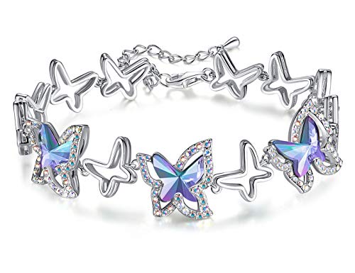 Butterfly Link Charm Bracelet with Premium Birthstone Crystal, Silver-Tone, 7”+2” Chain