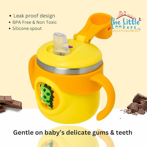 Image of THE LITTLE LOOKERS Stainless Steel Sipper Bottle 260ml | 316 Grade SS | BPA Free | Suitable for Hot & Cold |Travelling Bottle for Kids & Toddler|Training Sippy Cup with Straw /Spout (Yellow)
