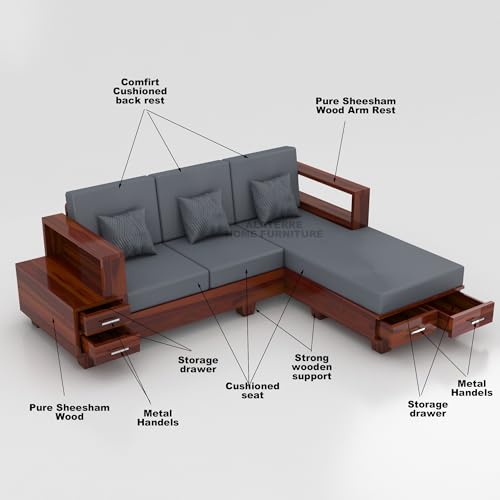 Image of Sheesham Wooden 4 Seater L- Shape Sofa for Living Room | Solid Wood Sofa with Side Box Storage & Cushion | Rosewood Sofa Set for Home & Office | Lounge (Honey, 4 Seater)