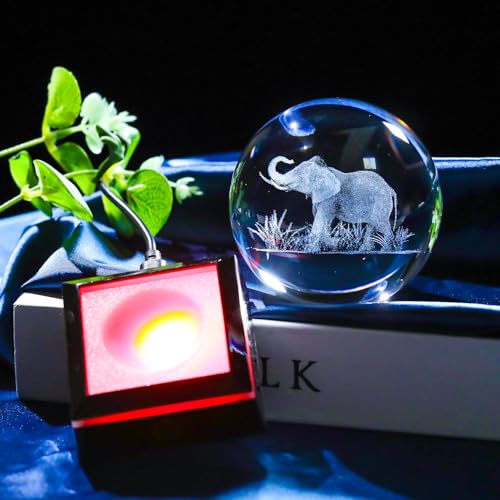 Image of 3D Crystal Ball Elephant Gifts for Women Men Adults Decor for Home Snow Globe Ornament with LED Base Night Light, Laser Etched Glass Elephant Figurines Friendship Gifts for Her Mom Friend
