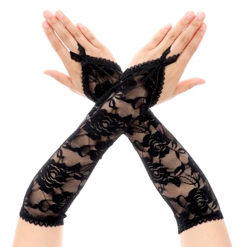 Yolev Long Lace Gloves For Women Elbow Length Elegant Floral Fingerless Lace Gloves For Opera 20s Wedding Tea Party Cosplay(Black)