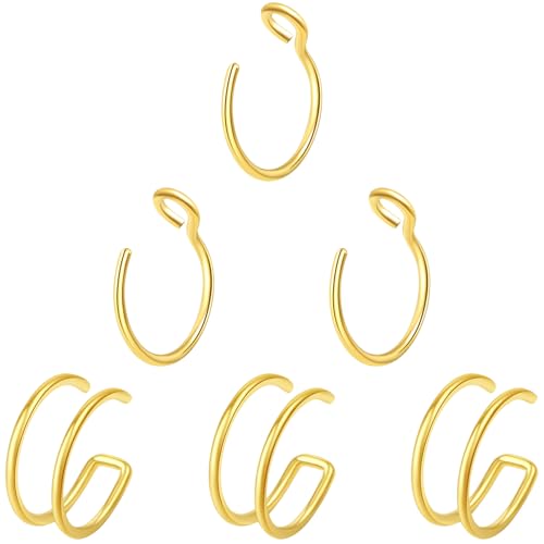 6 Pcs Nose Rings Hoops Nose Piercings Nostril Lip Nose Piercing Jewelry Faux Fake Nose Ring Piercing Stud 20 Gauge 20G Gold Nose Hoop Nose Rings for Women Men Faux Fake Piercings Double Hoop Nose Ring Surgical Steel Hypoallergenic Stainless Steel Lip Hoops for Women Men Cute Clip On