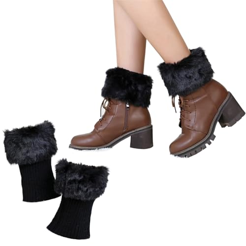 TRADERPLUS Women Faux Fur Plush Leg Warmers Fur Trim Boot Cuff Top Cover Leg Warmers Winter Warm Crochet Knitted Short Boot Cuffs Covers Sleeves (Black, One size)