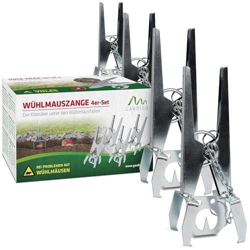 GARDIGO® Wühlmausfalle mit festgekettetem Köderplättchen - 4er Set I Wiederverwendbare Wühlmauszangenfalle für den Garten I Beidseitige...