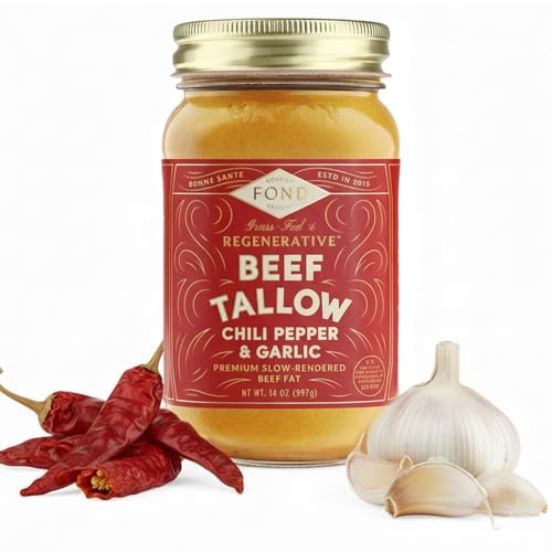 FOND Regenerative Grass-Fed Beef Tallow for Cooking – High Smoke Point Grass Fed Beef Tallow for Frying, Sautéing, &amp; Roasting – Sustainably Sourced, Seed Oil Free – Chili and Garlic, 14oz